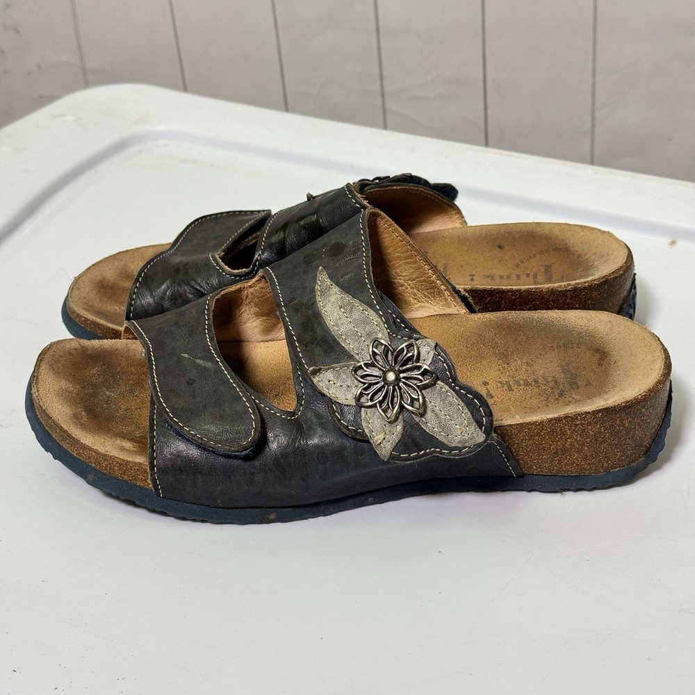 Think!‎ Dark Gray Leather Floral Strappy Sandals Summer Boho Chic Slip Ons 38/7 - Picture 3 of 8